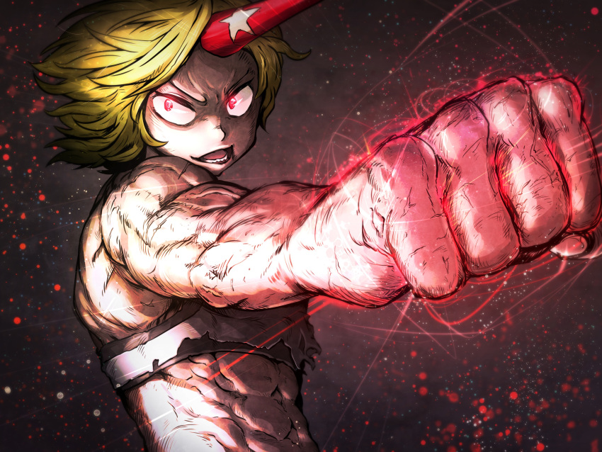 1girl abs absurdres alternate_hair_length alternate_hairstyle bare_arms bare_shoulders blonde_hair clenched_hand commentary_request crop_top energy floating_hair glowing glowing_eyes highres horn hoshiguma_yuugi looking_at_viewer muscle muscular_female niwarizumu open_mouth outstretched_arm red_eyes scar short_hair smile solo star stomach touhou upper_body v-shaped_eyebrows