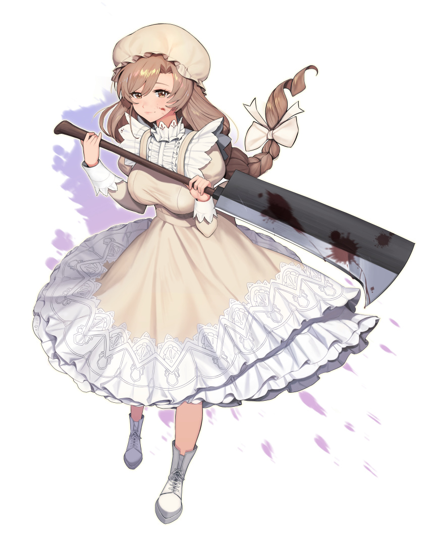 1girl absurdres apron asymmetrical_bangs bangs blood blood_on_face bloody_weapon boots bow braid braided_ponytail breasts brown_eyes brown_hair cleaver cross-laced_footwear dress full_body hair_bow hat hataraku_saibou highres huge_filesize long_hair long_sleeves macrophage_(hataraku_saibou) medium_breasts mob_cap monini oversized_object ponytail puffy_long_sleeves puffy_sleeves simple_background smile solo standing weapon white_background white_footwear