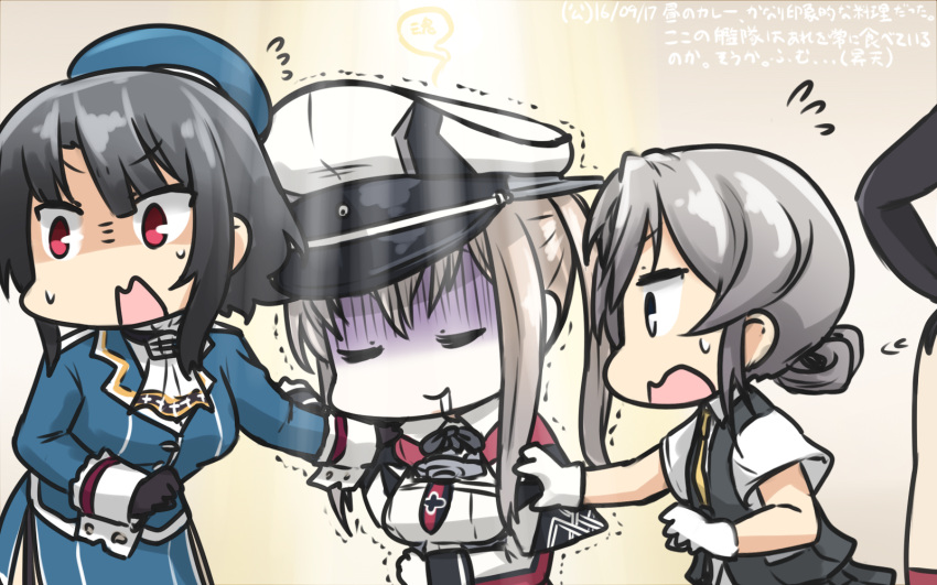 3girls animalization beret black_gloves black_hair blonde_hair capelet celtic_knot commentary_request dated flying_sweatdrops giving_up_the_ghost gloves graf_zeppelin_(kantai_collection) hamu_koutarou hat highres iron_cross kantai_collection military military_uniform multiple_girls nowaki_(kantai_collection) peaked_cap red_eyes seal shimakaze_(kantai_collection) shimakaze_(seal) short_hair silver_hair sweatdrop takao_(kantai_collection) trembling turn_pale uniform vest white_gloves