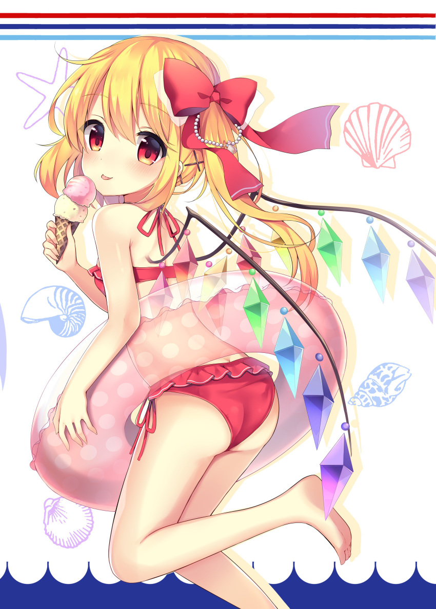 1girl :p absurdres ass bare_arms bare_legs bare_shoulders barefoot beads bikini blush bow commentary_request crystal eyebrows_visible_through_hair feet_out_of_frame flandre_scarlet food from_behind hair_beads hair_between_eyes hair_bow hair_ornament hairclip halterneck highres holding holding_food ice_cream ice_cream_cone innertube leg_up long_hair looking_at_viewer looking_back no_hat no_headwear red_bikini red_bow ruhika seashell_hair_ornament side-tie_bikini side_ponytail silhouette smile solo star starry_background swimsuit thighs tongue tongue_out touhou white_background wings x_hair_ornament