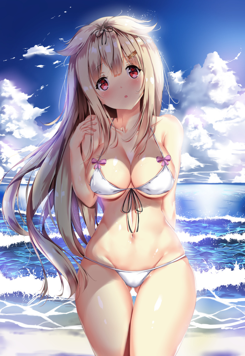 1girl :o alternate_costume arm_behind_back bangs beach bikini blonde_hair blue_sky blush breasts cleavage clouds collarbone cowboy_shot day duan_zou_de_zhong_zhang eyebrows_visible_through_hair floating_hair groin hair_flaps hair_ornament hair_ribbon hairclip hand_up head_tilt highres kantai_collection long_hair looking_at_viewer medium_breasts messy_hair navel ocean open_mouth outdoors red_eyes remodel_(kantai_collection) ribbon shiny shiny_skin sidelocks sky stomach swimsuit thighs very_long_hair waves white_bikini wind yuudachi_(kantai_collection)