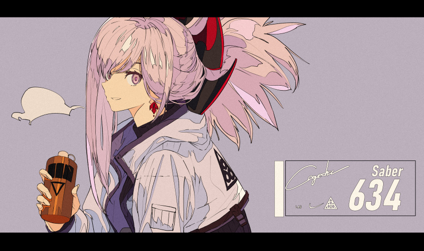 1girl absurdres bangs black_shirt can cropped_jacket earrings fate/grand_order fate_(series) hair_ornament highres holding holding_can huge_filesize jacket jewelry kogecha_(coge_ch) letterboxed long_hair long_sleeves miyamoto_musashi_(fate/grand_order) parted_lips pink_eyes pink_hair ponytail purple_background shirt sidelocks signature smile solo white_jacket