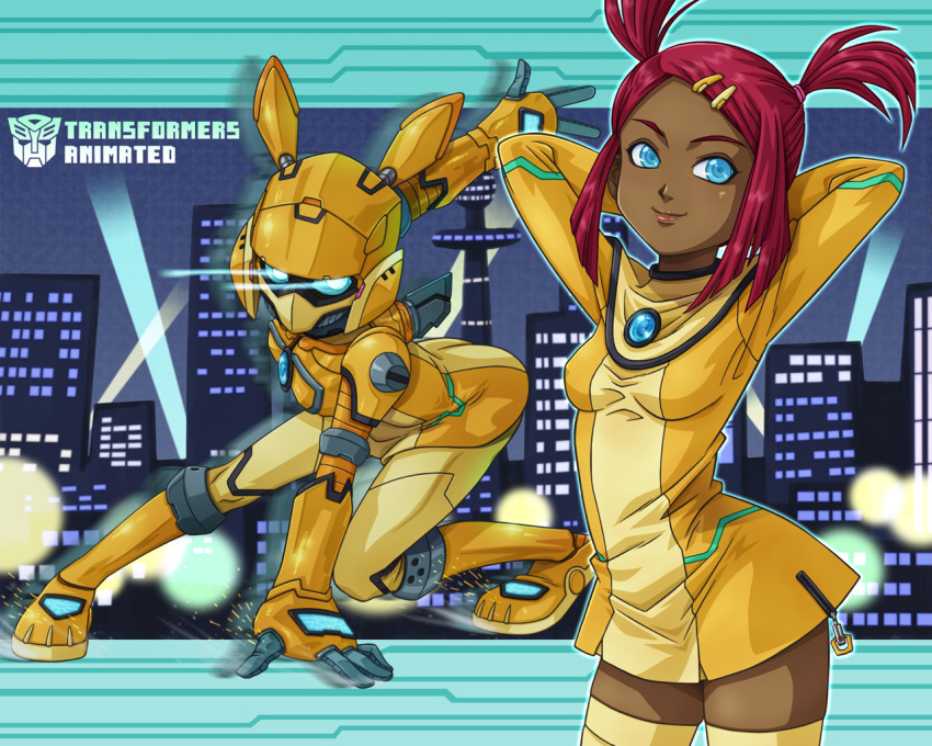 arms_behind_head blue_eyes cityscape dark_skin dress fuji_shuuji hair_ornament hairpin redhead robot sari_sumdac smile transformers transformers_animated yellow_dress