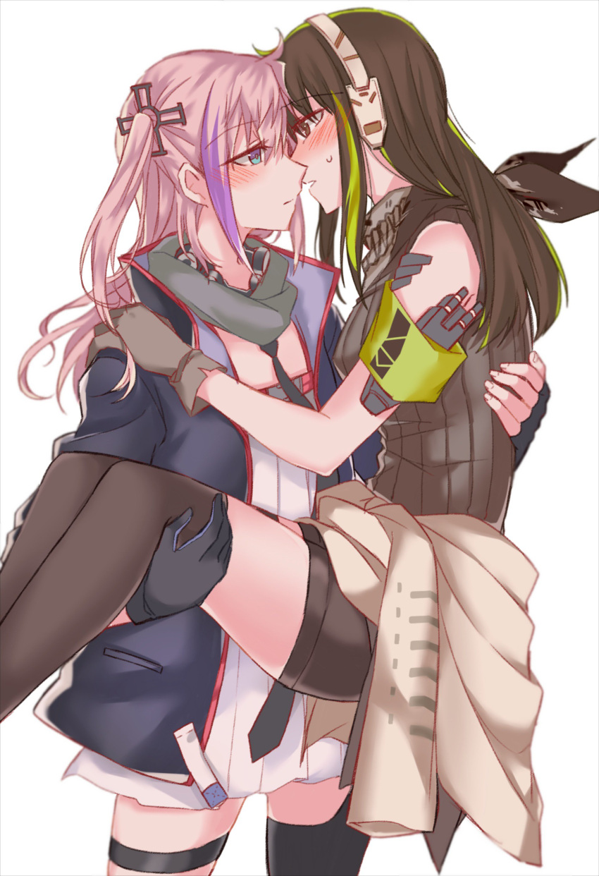 2girls absurdres ar-15 armband bangs black_hair blue_eyes blush brown_eyes brown_hair carrying commentary couple english_commentary eyebrows_visible_through_hair girls_frontline gloves gun hair_ornament headphones highres holding jacket long_hair looking_at_another m4a1_(girls_frontline) multicolored_hair multiple_girls open_clothes open_jacket personification pink_hair princess_carry rifle scarf sidelocks st_ar-15_(girls_frontline) streaked_hair thigh-highs thigh_gap thigh_strap weapon white_background yuri yuutama2804