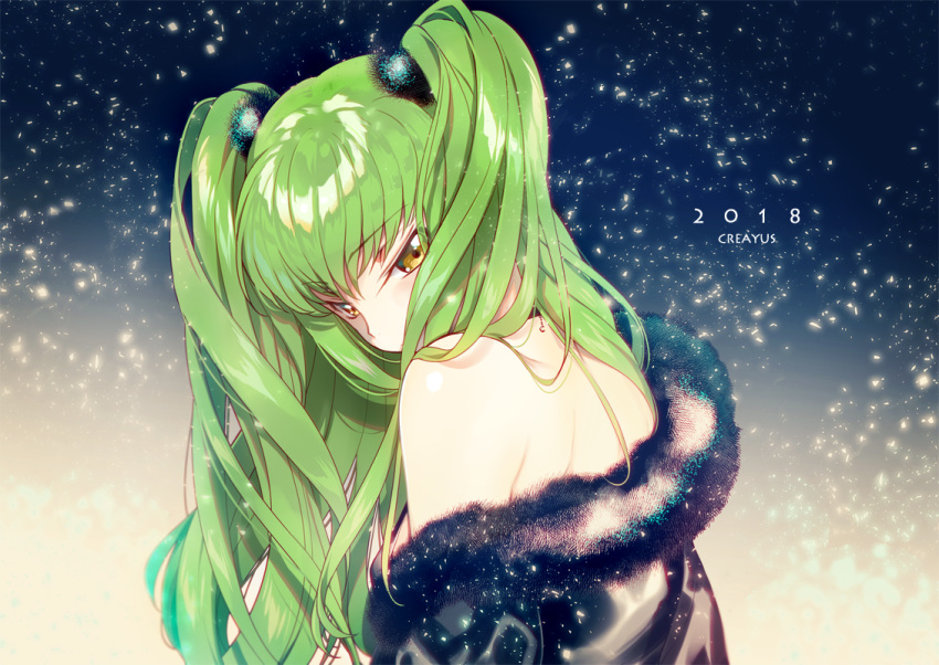 1girl 2018 alternate_hairstyle bangs blush c.c. code_geass covered_mouth creayus eyebrows_visible_through_hair fur_trim green_hair long_hair looking_at_viewer m no_bra off_shoulder petals solo twintails upper_body yellow_eyes