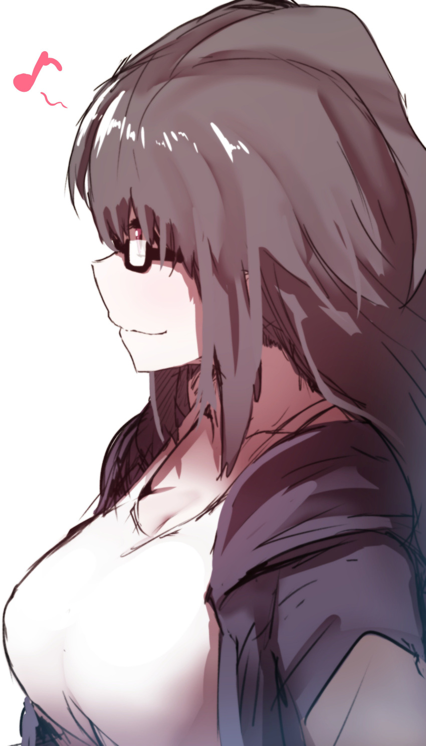 1girl absurdres bangs black_jacket breasts brown_hair cleavage closed_mouth commentary_request eighth_note hair_between_eyes highres hood hood_down hooded_jacket jacket large_breasts long_hair looking_away musical_note open_clothes open_jacket original profile sketch smile solo tank_top violet_eyes wada_kazu white_tank_top