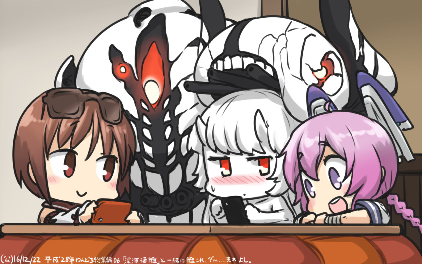 3girls blush braid brown_hair cannon cellphone central_hime commentary_request dated eyewear_on_head hamu_koutarou headgear highres horns kantai_collection kotatsu long_hair multiple_girls natori_(kantai_collection) nenohi_(kantai_collection) open_mouth phone pink_hair shinkaisei-kan short_sleeves single_braid smartphone sunglasses sweat table white_hair