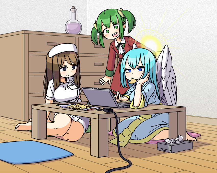 3girls :d angel angel_wings bangs bare_legs barefoot beaker black_eyes blue_dress blue_eyes blue_hair breasts brown_hair chips closed_mouth computer cravat dress elona feathered_wings food food_in_mouth green_eyes green_hair halo hat indoors isca_the_fallen_angel laptop large_breasts long_sleeves maruput multiple_girls nurse_cap open_mouth red_dress sitting smile straight_hair teeth tissue_box twintails white_dress white_neckwear white_wings wings yokozuwari younger_sister_(elona)