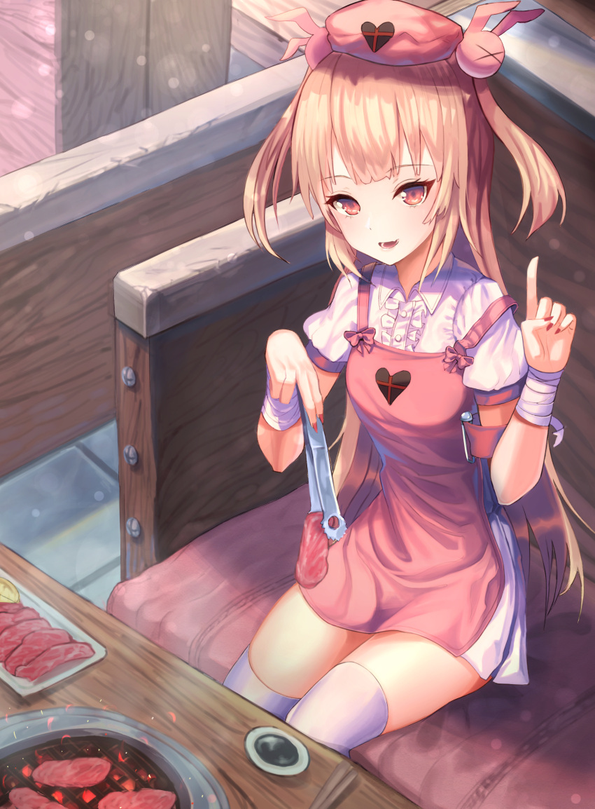 1girl absurdres apron armband bandage blush bunny_hair_ornament food hair_ornament hat heart highres index_finger_raised light_brown_hair long_hair looking_at_viewer meat nail_polish natori_sana nurse_cap open_mouth pink_apron red_eyes red_nails sana_channel short_sleeves sitting smile solo table tmtl_aos tongs two_side_up very_long_hair virtual_youtuber yakiniku