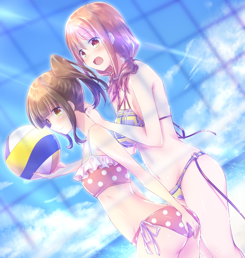 2girls absurdres ass bangs beach beach_volleyball bikini blue_skirt blunt_bangs blurry blush breasts brown_eyes brown_hair commentary depth_of_field dutch_angle eyebrows_visible_through_hair from_side groin hands_on_another's_shoulders harukana_receive higa_kanata highres large_breasts long_hair multiple_girls navel nyaa_(nnekoron) ocean oozora_haruka_(harukana_receive) sand side-tie_bikini side_ponytail skirt small_breasts smile swimsuit thighs volleyball_net water