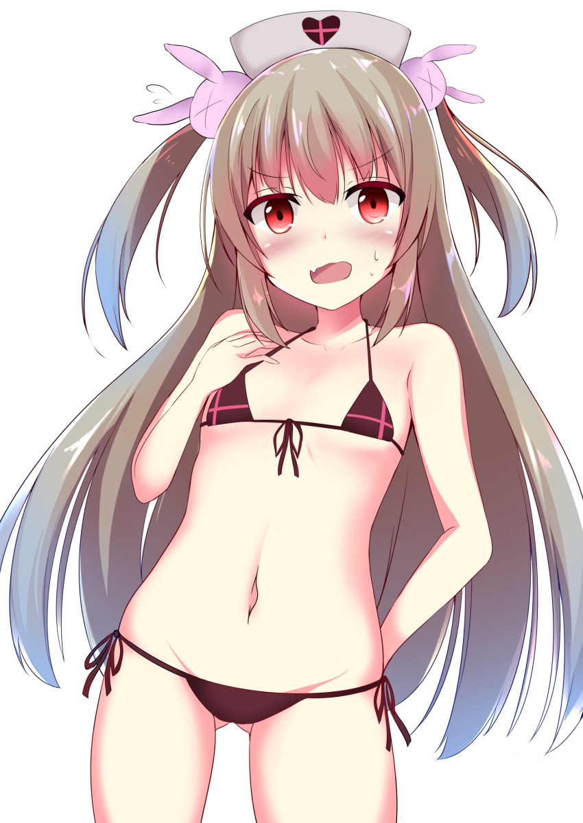 &gt;_&lt; 1girl bangs bikini black_bikini blue_hair blush bunny_hair_ornament commentary_request eyebrows_visible_through_hair fang flying_sweatdrops front-tie_bikini front-tie_top gluteal_fold gradient_hair grey_hat groin hair_between_eyes hair_ornament hat heart highres long_hair looking_at_viewer multicolored_hair natori_sana navel nurse_cap open_mouth red_eyes sana_channel side-tie_bikini sidelocks simple_background solo sweat swimsuit two_side_up very_long_hair virtual_youtuber white_background zatu