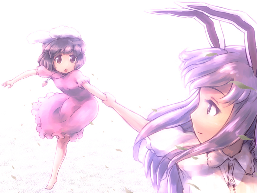 2girls animal_ears bangs barefoot breasts brown_hair carrot_necklace commentary_request dress eyebrows_visible_through_hair full_body grass hand_holding inaba_tewi leaf long_hair looking_at_another multiple_girls open_mouth pink_dress profile puffy_short_sleeves puffy_sleeves purple_hair rabbit_ears red_eyes reisen_udongein_inaba running shirosato shirt short_hair short_sleeves sidelocks small_breasts touhou upper_body white_background white_shirt wing_collar