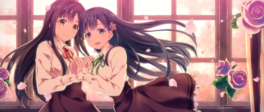 2girls aikurushii_(idolmaster) backlighting bangs black_hair blunt_bangs braid brown_eyes brown_hair cherry_blossoms dress_shirt eyebrows_visible_through_hair flower frilled_skirt frilled_sleeves frills green_ribbon grey_eyes hair_flower hair_ornament hand_holding high-waist_skirt highres idolmaster idolmaster_cinderella_girls interlocked_fingers kobayakawa_sae long_hair long_sleeves looking_at_viewer mizumoto_yukari multiple_girls neck_ribbon open_mouth petals pink_flower pink_rose red_ribbon ribbon rose rose_petals shirt single_braid skirt smile upper_body window yuuki_tatsuya