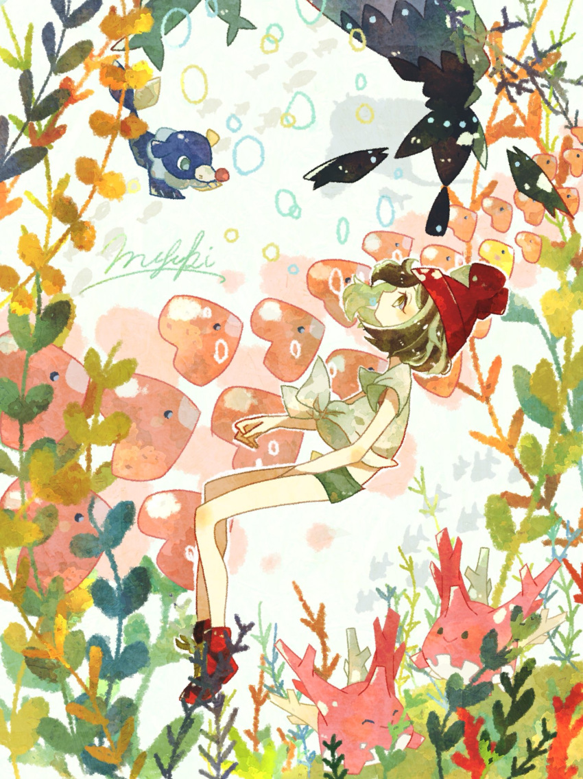 1girl bangs beanie black_hair corsola creatures_(company) feet_up floral_background floral_print full_body game_freak gen_2_pokemon gen_3_pokemon gen_7_pokemon green_shorts grey_eyes hat highres kirakiya legs luvdisc midriff mizuki_(pokemon) nintendo pokemon pokemon_(game) pokemon_sm popplio shirt shoes short_hair shorts solo tied_shirt wishiwashi