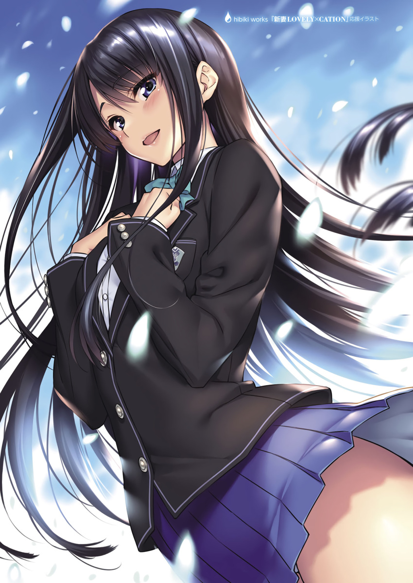 1girl bangs black_hair blazer blue_eyes blue_sky blush bow bowtie buttons cherry_blossoms clouds cloudy_sky day eyebrows_visible_through_hair hands_on_own_chest highres isurugi_yuki jacket lips long_hair long_sleeves looking_at_viewer niizuma_lovely_x_cation open_mouth outdoors petals piromizu pleated_skirt school_uniform shiny shiny_hair sidelocks skirt sky smile solo