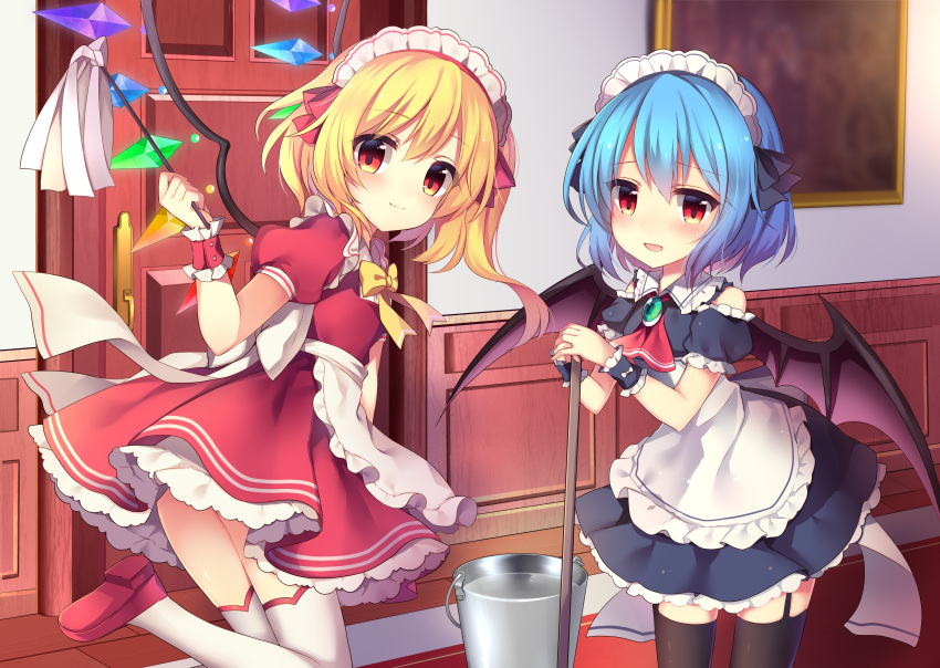 2girls :d absurdres alternate_costume apron ascot bangs bare_shoulders bat_wings blonde_hair blue_hair blue_ribbon blush bow bowtie brooch bucket commentary_request cowboy_shot crystal detached_sleeves door dress duster enmaided eyebrows_visible_through_hair flandre_scarlet frilled_apron frilled_shirt_collar frills garter_straps hair_between_eyes hair_ribbon highres holding holding_mop indoors jewelry leg_up looking_at_viewer maid maid_apron maid_headdress mop multiple_girls one_side_up open_mouth petticoat picture_frame puffy_short_sleeves puffy_sleeves red_dress red_eyes red_footwear red_neckwear red_ribbon remilia_scarlet ribbon ruhika shoes short_dress short_hair short_sleeves siblings sisters smile standing standing_on_one_leg thigh-highs thighs touhou waist_apron water white_apron white_legwear wings wrist_cuffs yellow_bow yellow_neckwear zettai_ryouiki