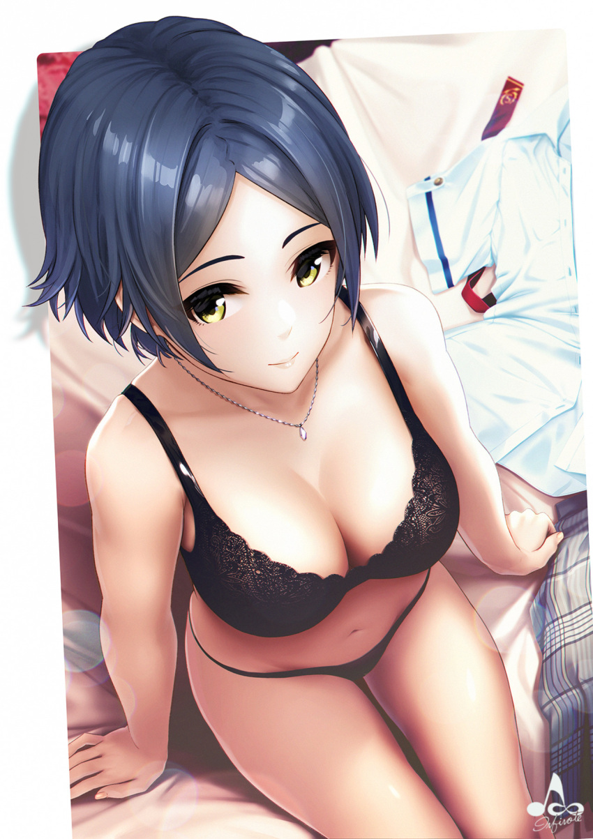 1girl artist_name bangs black_bra black_hair black_panties blush bra breasts cleavage closed_mouth collarbone from_above hayami_kanade highres idolmaster idolmaster_cinderella_girls infinote jewelry lace looking_at_viewer looking_up medium_breasts navel necklace on_bed panties parted_bangs school_uniform shirt_removed short_hair signature sitting skirt skirt_removed smile solo stomach underwear underwear_only yellow_eyes