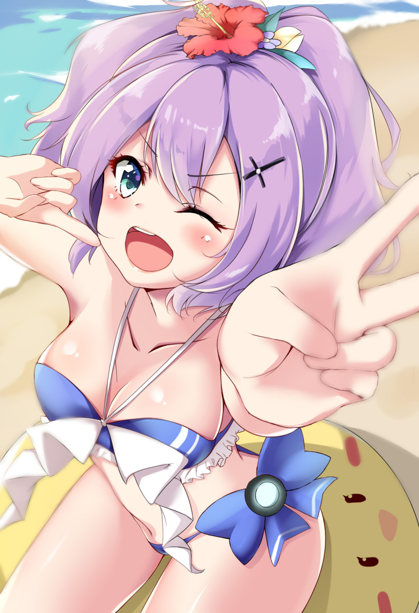1girl ;d aono_(f_i_s) arm_up azur_lane bare_arms bare_shoulders beach bikini blue_bikini blue_bow blush bow breasts cleavage collarbone commentary_request day flower green_eyes hair_flower hair_ornament halter_top halterneck hand_up highres javelin_(azur_lane) medium_breasts one_eye_closed open_mouth outdoors outstretched_arms ponytail purple_flower purple_hair red_flower round_teeth sand sitting smile solo swimsuit teeth upper_teeth v water yellow_flower