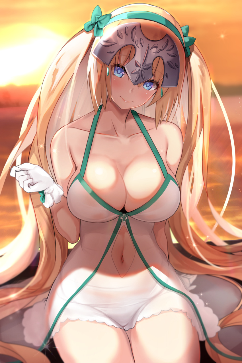 1girl bangs blonde_hair blue_eyes blurry breasts cleavage collarbone commentary_request cowboy_shot depth_of_field earrings eyebrows_visible_through_hair fate/grand_order fate_(series) gloves hair_between_eyes hair_ribbon hairband head_tilt headpiece highres jeanne_d'arc_(fate)_(all) jeanne_d'arc_(swimsuit_archer) jewelry large_breasts long_hair navel_cutout one-piece_swimsuit pink_lips ribbon sitting smile solo sunset swimsuit thighs twintails two_side_up untsue white_gloves white_swimsuit