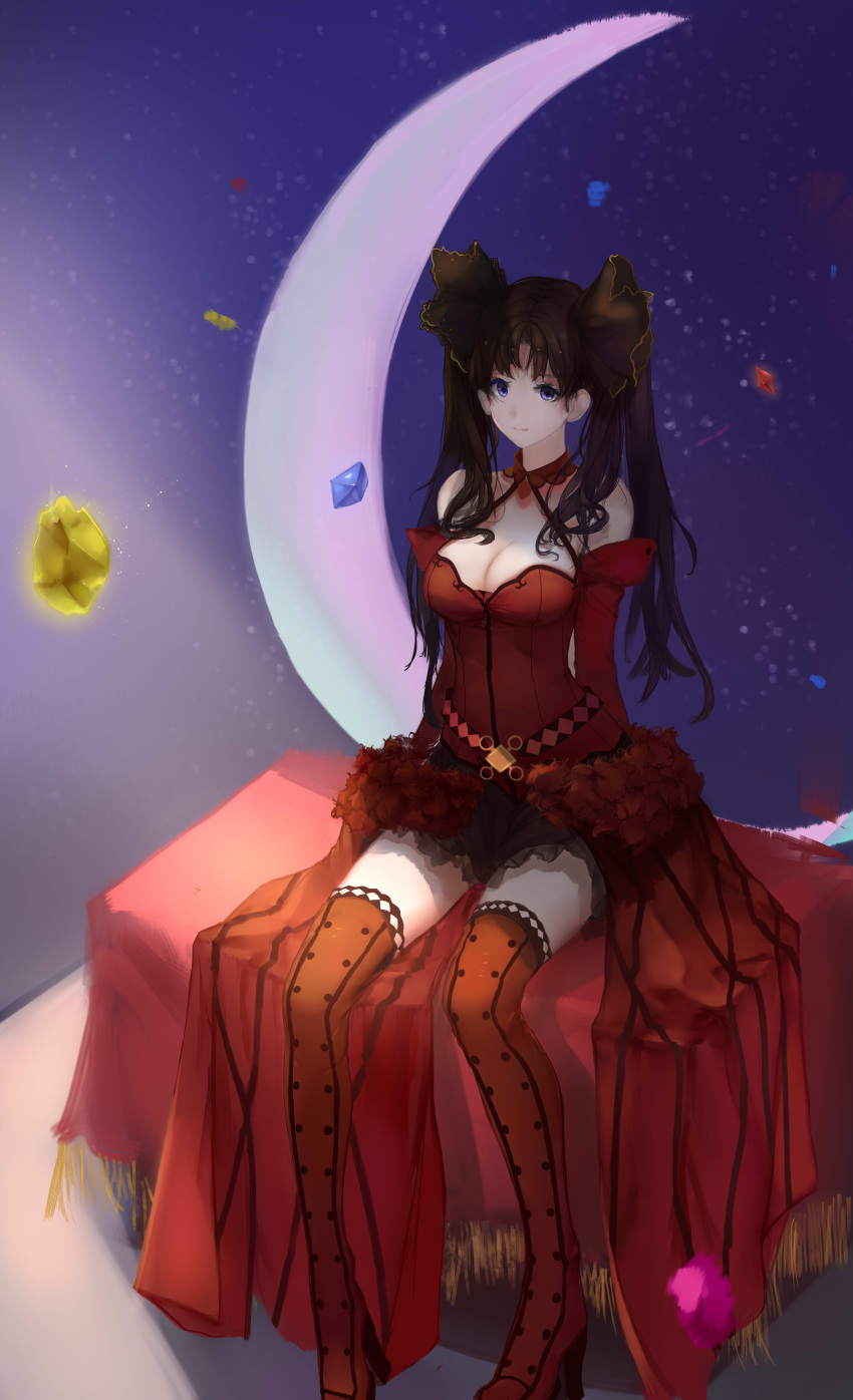 1girl absurdres arm_support black_ribbon blue_eyes bodice breasts brown_hair cleavage crescent_moon eyebrows_visible_through_hair fate/grand_order fate/stay_night fate_(series) formalcraft gem hair_ribbon high_heels highres hoshino_arika long_hair medium_breasts moon ribbon skirt solo thigh-highs thighs tohsaka_rin twintails