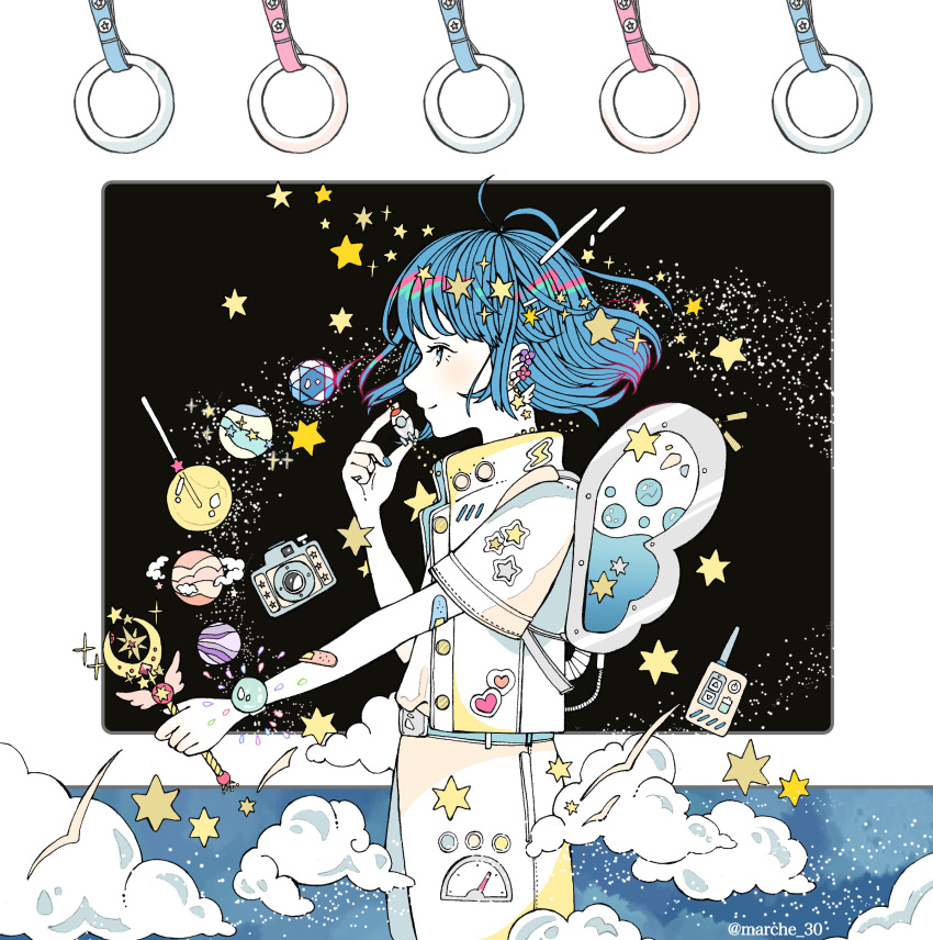 1girl absurdres bandaid bangs belt blue_hair blue_nails camera clouds cowboy_shot ear_piercing earrings floating_hair heart highres jewelry lightning_bolt marche_30 original piercing planet shirt short_hair short_sleeves smile solo sparkle star_(symbol) twitter_username wand white_shirt