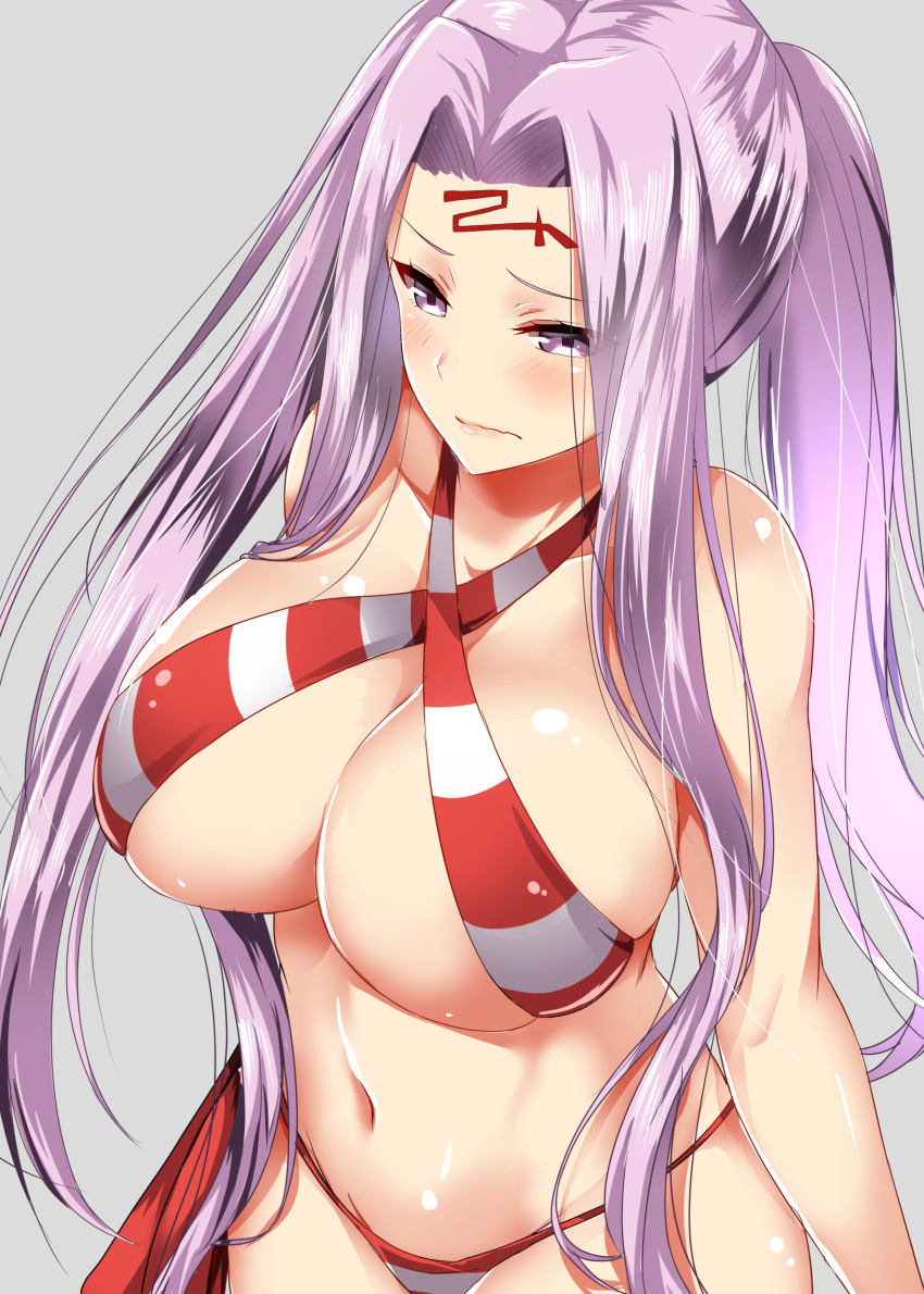 1girl absurdres alternate_costume ar_(lover_boy) bare_shoulders bikini blush breasts cleavage closed_mouth collarbone commentary_request criss-cross_halter facial_mark fate/extra fate/grand_order fate/stay_night fate_(series) forehead_mark from_above hair_intakes halter_top halterneck highres large_breasts long_hair medusa_(fate)_(all) navel nero_claudius_(fate)_(all) nero_claudius_(swimsuit_caster)_(cosplay) nero_claudius_(swimsuit_caster)_(fate) ponytail purple_hair red_bikini rider saber_extra saber_extra_(cosplay) shiny shiny_skin standing striped striped_bikini swimsuit very_long_hair violet_eyes