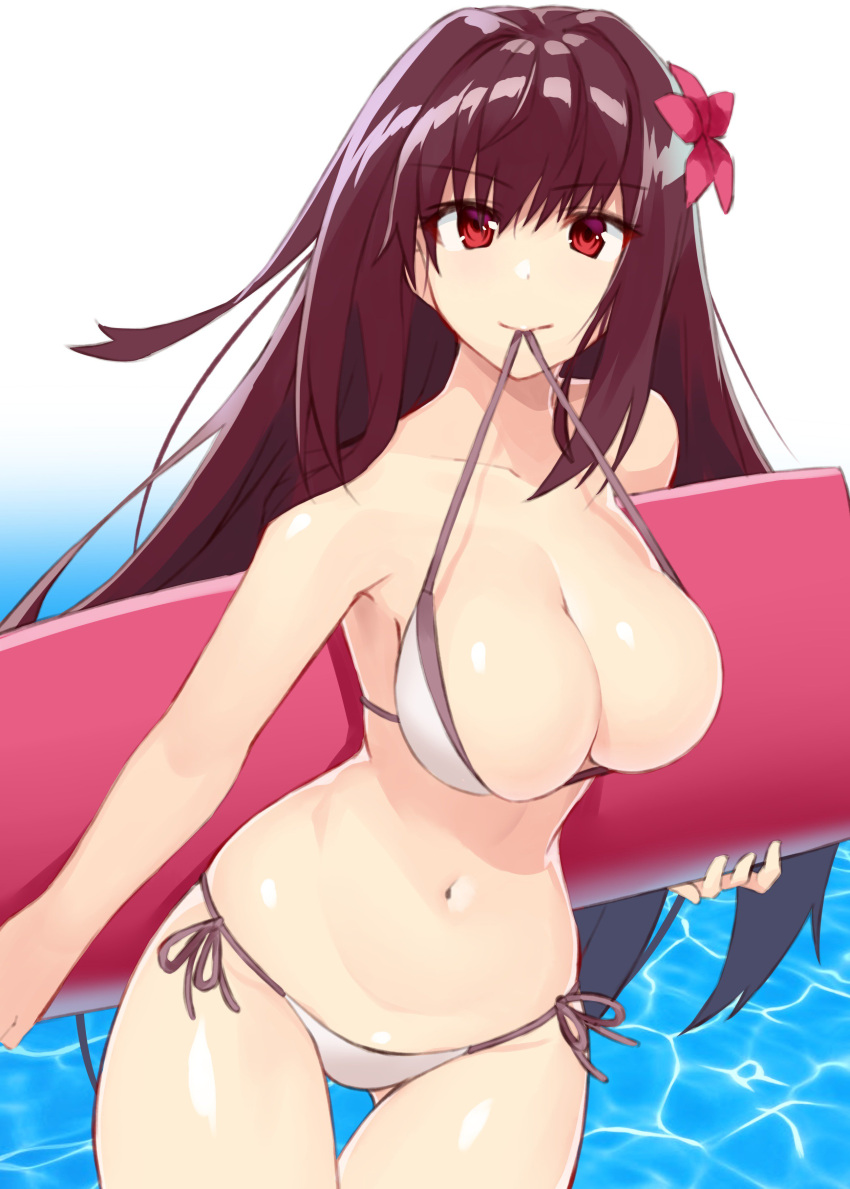 1girl absurdres bikini blue_background breasts cleavage cowboy_shot fate/grand_order fate_(series) flower gluteal_fold gradient gradient_background hair_flower hair_ornament highres large_breasts long_hair mouth_hold navel purple_hair red_eyes scathach_(fate)_(all) scathach_(fate/grand_order) shunichi side-tie_bikini solo surfboard swimsuit thigh_gap water white_background white_bikini