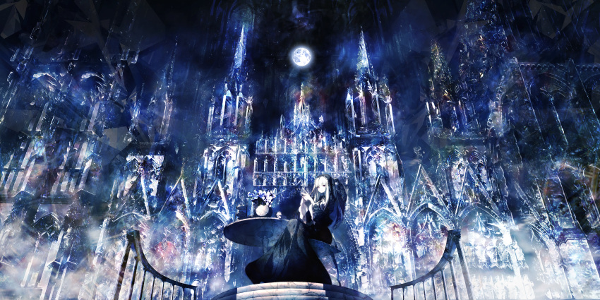 1girl absurdres architecture armchair arms_up black_dress bow bowtie breasts c.c.r_(ccrgaoooo) chair clouds cloudy_sky cup dress flower flower_pot food full_moon gothic gothic_architecture gothic_lolita grey_hair hair_ornament hair_ribbon heterochromia highres holding holding_cup huge_filesize lolita_fashion long_hair long_skirt long_sleeves looking_at_viewer moon multicolored_hair night night_sky original outdoors plant potted_plant red_eyes ribbon scenery shirt sitting skirt sky smile solo standing sweets table teacup teapot tower twintails veil white_hair white_shirt wide_sleeves