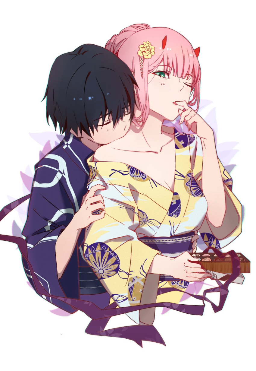 1boy 1girl bangs black_hair box box_of_chocolates breasts chenaze57 chinese_commentary chocolate cleavage closed_eyes collarbone commentary_request couple darling_in_the_franxx eyebrows_visible_through_hair finger_to_mouth flower food green_eyes hair_flower hair_ornament hand_on_another's_arm hand_on_another's_hip hand_up hetero high_ponytail highres hiro_(darling_in_the_franxx) holding holding_box holding_chocolate holding_food horns hug hug_from_behind japanese_clothes kimono kimono_pull long_hair medium_breasts mouth_on_another's_shoulder obi one_eye_closed oni_horns pink_hair ponytail purple_kimono purple_obi purple_ribbon red_horns ribbon sash short_hair tape wide_sleeves yellow_flower yellow_kimono yukata zero_two_(darling_in_the_franxx)