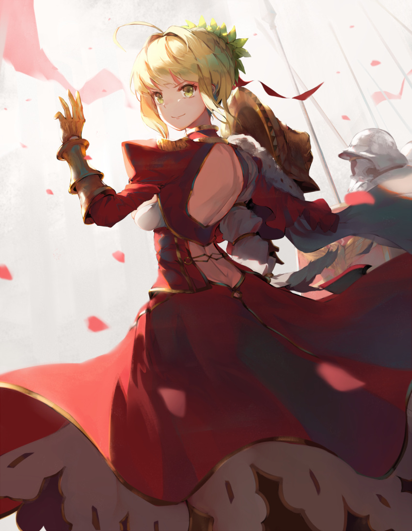 1girl ahoge blonde_hair braid dress epaulettes fate/grand_order fate_(series) french_braid gloves hair_bun highres juliet_sleeves long_sleeves looking_back natsumoka nero_claudius_(fate) nero_claudius_(fate)_(all) petals puffy_sleeves red_dress short_hair shoulder_armor smile solo_focus wind yellow_eyes