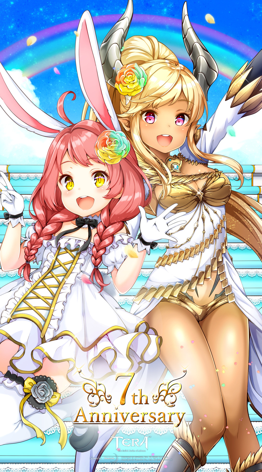 2girls absurdres animal_ears arm_up artist_request blonde_hair braid breasts brown_hair castanic_(tera) cleavage clouds dark_skin dress elin_(tera) flower gloves hair_flower hair_ornament highres horns jumping legs_up long_hair mary_janes multiple_girls official_art open_clothes open_dress open_mouth outdoors petals pink_eyes pointy_ears ponytail rabbit_ears rainbow shoes short_dress short_shorts shorts sky smile stairs tera_online thigh-highs twin_braids twintails v wallpaper white_dress white_gloves white_legwear yellow_eyes