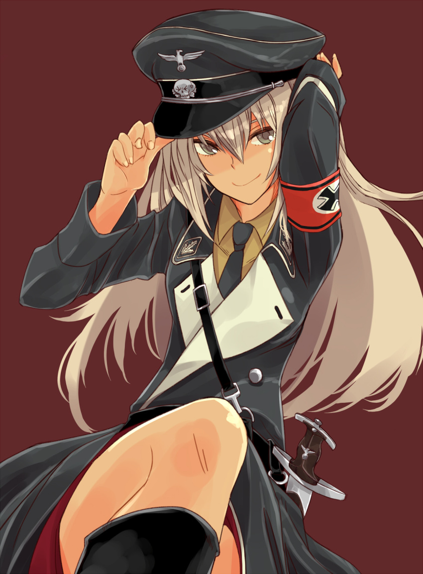 1girl adjusting_clothes adjusting_hat alternate_costume armband bangs belt black_belt black_dress black_footwear black_hat blue_eyes boots brown_background brown_shirt closed_mouth commentary dress dress_shirt emblem girls_und_panzer hat highres itsumi_erika knife long_hair long_sleeves looking_at_viewer medium_dress military_hat nazi peaked_cap sam_browne_belt shirt silver_hair simple_background sitting smile solo suo_(sndrta2n) wing_collar