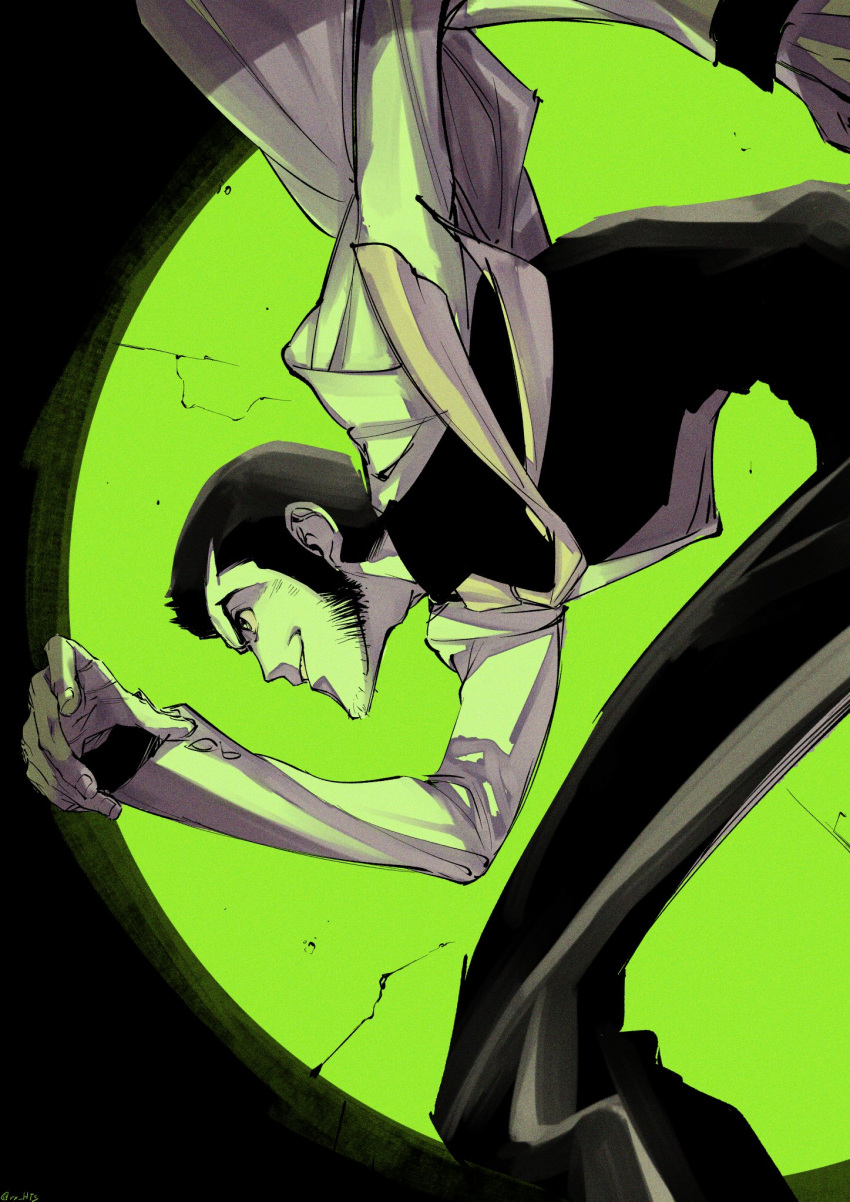 1boy arsene_lupin_iii black_pants black_shirt floating_clothes floating_necktie green_theme highres jacket looking_away lupin_iii necktie pants running rx_hts shirt