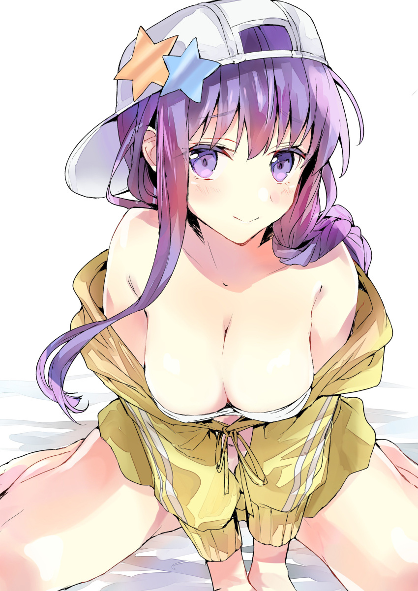 1girl absurdres bangs bare_shoulders bb_(fate/extra_ccc) bb_(swimsuit_mooncancer)_(fate) bed_sheet belly_peek between_legs bikini blush braid breasts cleavage closed_mouth collarbone commentary_request eyebrows_visible_through_hair fate/grand_order fate_(series) flat_cap hair_between_eyes hand_between_legs hat highres jacket large_breasts long_hair long_sleeves navel off_shoulder purple_hair sideways_hat sitting smile solo star swimsuit tomozero very_long_hair violet_eyes wariza white_background white_bikini white_hat yellow_jacket