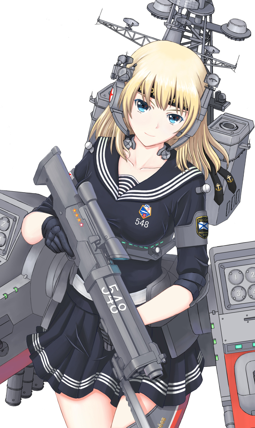 1girl absurdres armor black_gloves black_skirt blonde_hair blue_eyes blush breasts closed_mouth eyebrows_visible_through_hair gloves graphite_(medium) gun headband highres looking_at_viewer medium_breasts medium_hair miniskirt missile_pod original pixiv8724247 rifle russian russian_navy sailor_collar school_uniform serafuku simple_background skirt smile sniper_rifle torpedo torpedo_tubes traditional_media weapon white_background