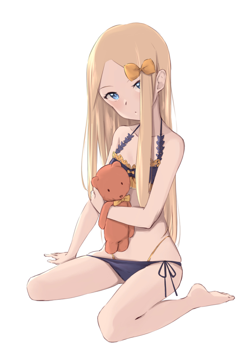 1girl abigail_williams_(fate/grand_order) arm_support bare_arms bare_legs bare_shoulders barefoot bikini black_bikini blue_eyes bow breasts collarbone commentary_request emerald_float fate/grand_order fate_(series) forehead hair_bow highres jilu light_brown_hair long_hair object_hug orange_bow side-tie_bikini sidelocks simple_background sitting small_breasts soles solo stuffed_animal stuffed_toy swimsuit teddy_bear very_long_hair wariza white_background