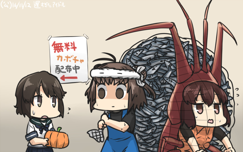 3girls ahoge brown_hair commentary_request dated double_bun empty_eyes fish fishnets flying_sweatdrops hamu_koutarou highres ise_(kantai_collection) kantai_collection lobster_costume miyuki_(kantai_collection) multiple_girls naka_(kantai_collection) pumpkin school_uniform serafuku shaded_face sweat undershirt