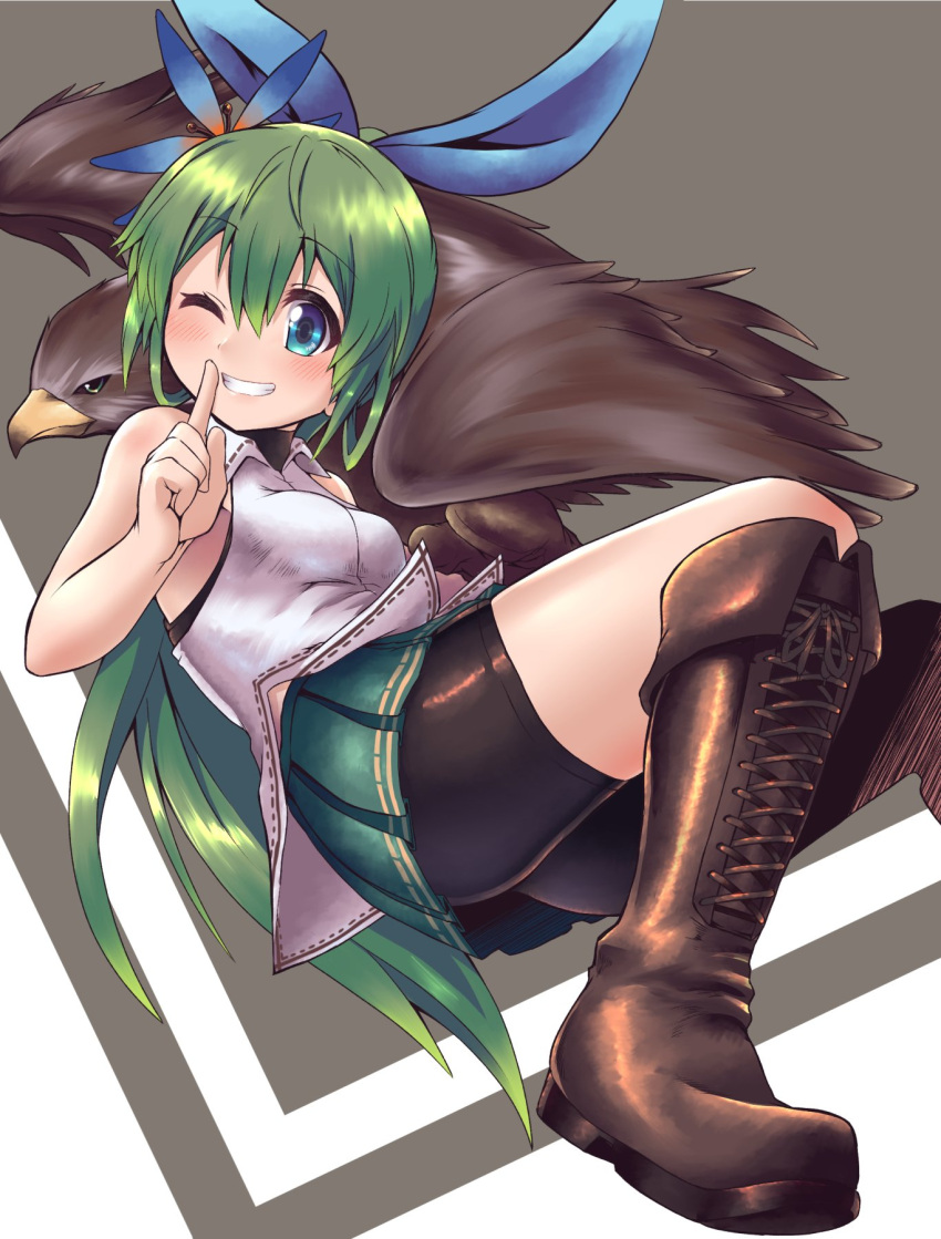 1girl ass bike_shorts bird blue_eyes boots borrowed_character breasts green_hair green_skirt hair_ornament hair_ribbon hawk highres long_hair m.m original ponytail ribbon skirt smile winking