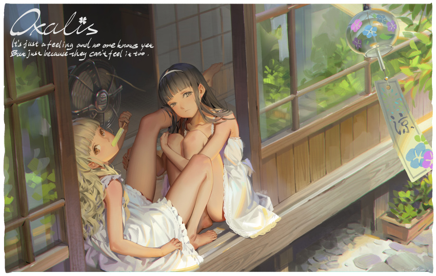 2girls alphonse_(white_datura) barefoot black_eyes black_hair blonde_hair brown_eyes commentary_request day doorway dress eating electric_fan english food frown hairband hand_on_another's_leg highres holding holding_food knees_up leg_up long_hair looking_at_viewer looking_back multiple_girls original planter popsicle sliding_doors wavy_hair white_dress white_hairband wind_chime yuri