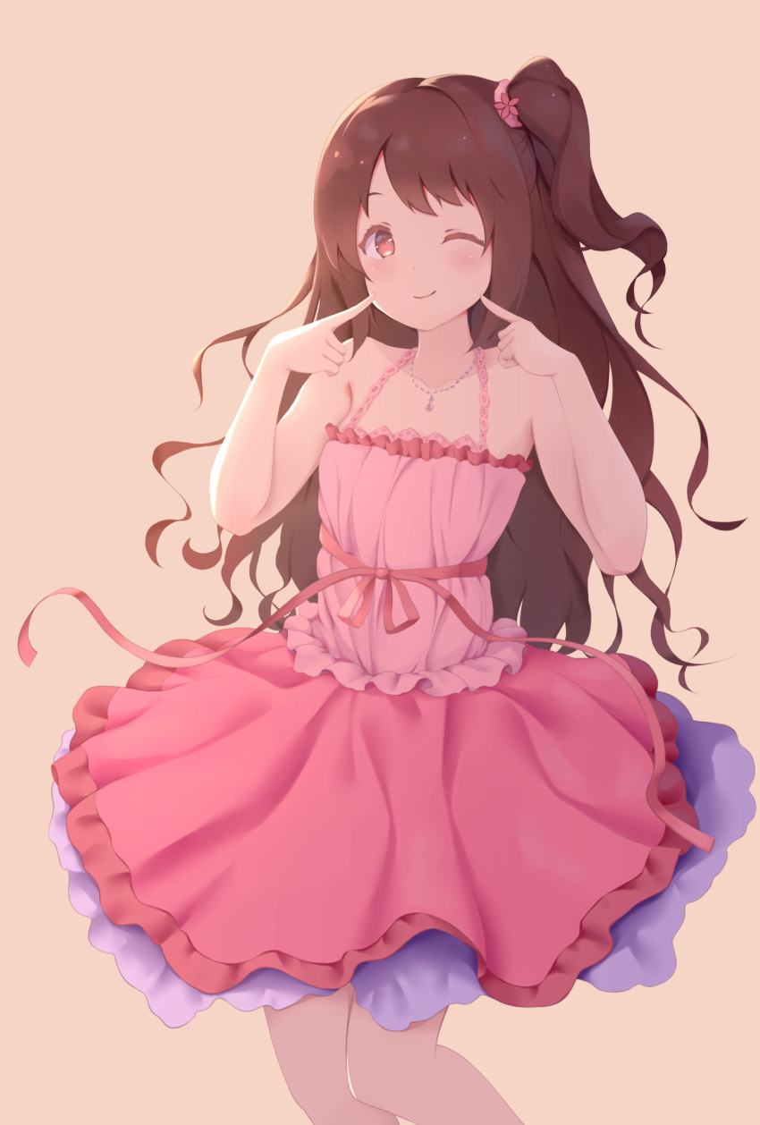 1girl amanonozomi arms_up bangs bare_arms brown_eyes brown_hair cheek_poking closed_mouth collarbone dot_nose dress eyelashes flower frilled_dress frills hair_flower hair_ornament hair_scrunchie highres idolmaster idolmaster_cinderella_girls jewelry lace lace-trimmed_dress layered_dress long_hair looking_at_viewer necklace one_eye_closed one_side_up pendant pink_dress pink_flower pink_ribbon poking poking_self ribbon scrunchie shimamura_uzuki sidelocks simple_background smile solo spaghetti_strap swept_bangs tareme wavy_hair yellow_background