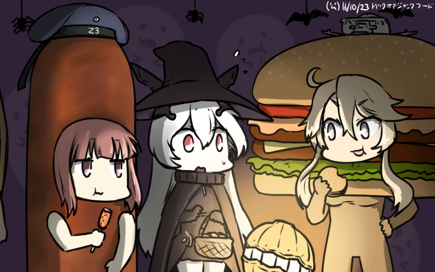 3girls anchorage_hime bat blonde_hair blue_eyes brown_eyes cape commentary_request dated eating food ghost halloween halloween_costume hamburger hamburger_costume hamu_koutarou hat headgear highres iowa_(kantai_collection) kantai_collection multiple_girls open_mouth sailor_hat sausage shinkaisei-kan short_hair sidelocks star star-shaped_pupils symbol-shaped_pupils white_skin witch witch_hat z3_max_schultz_(kantai_collection)