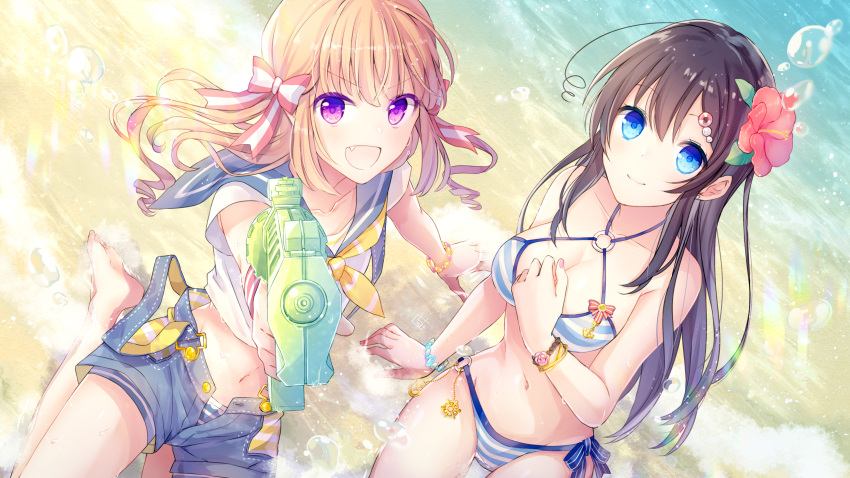 2girls :d arm_support bangs bare_shoulders barefoot beach bikini blue_eyes blue_sailor_collar blue_shorts bow bracelet breasts brown_hair cleavage closed_mouth commentary_request day eyebrows_visible_through_hair fang fingernails flower goma_(11zihisin) hair_between_eyes hair_bow hair_flower hair_ornament halter_top halterneck hand_up highres holding jewelry light_brown_hair long_hair looking_at_viewer medium_breasts multiple_girls nail_polish navel o-ring o-ring_bikini o-ring_bottom o-ring_top open_clothes open_fly open_mouth open_shorts original outdoors outstretched_arm pink_nails red_flower sailor_collar sand school_uniform serafuku shirt short_shorts short_sleeves shorts smile soles striped striped_bikini striped_bow suspender_shorts suspenders swimsuit v-shaped_eyebrows very_long_hair violet_eyes water water_gun white_shirt