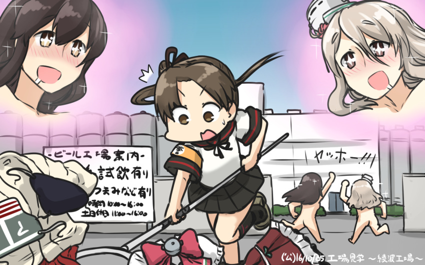 3girls akagi_(kantai_collection) ass ayanami_(kantai_collection) blush bow breasts brown_eyes brown_hair building commentary_request dated drooling hair_bow hamu_koutarou highres kantai_collection light_brown_hair long_hair medium_breasts miniskirt multiple_girls nude open_mouth outdoors pleated_skirt pola_(kantai_collection) ponytail running satsumata school_uniform skirt standing standing_on_one_leg sweeping symbol-shaped_pupils wavy_mouth