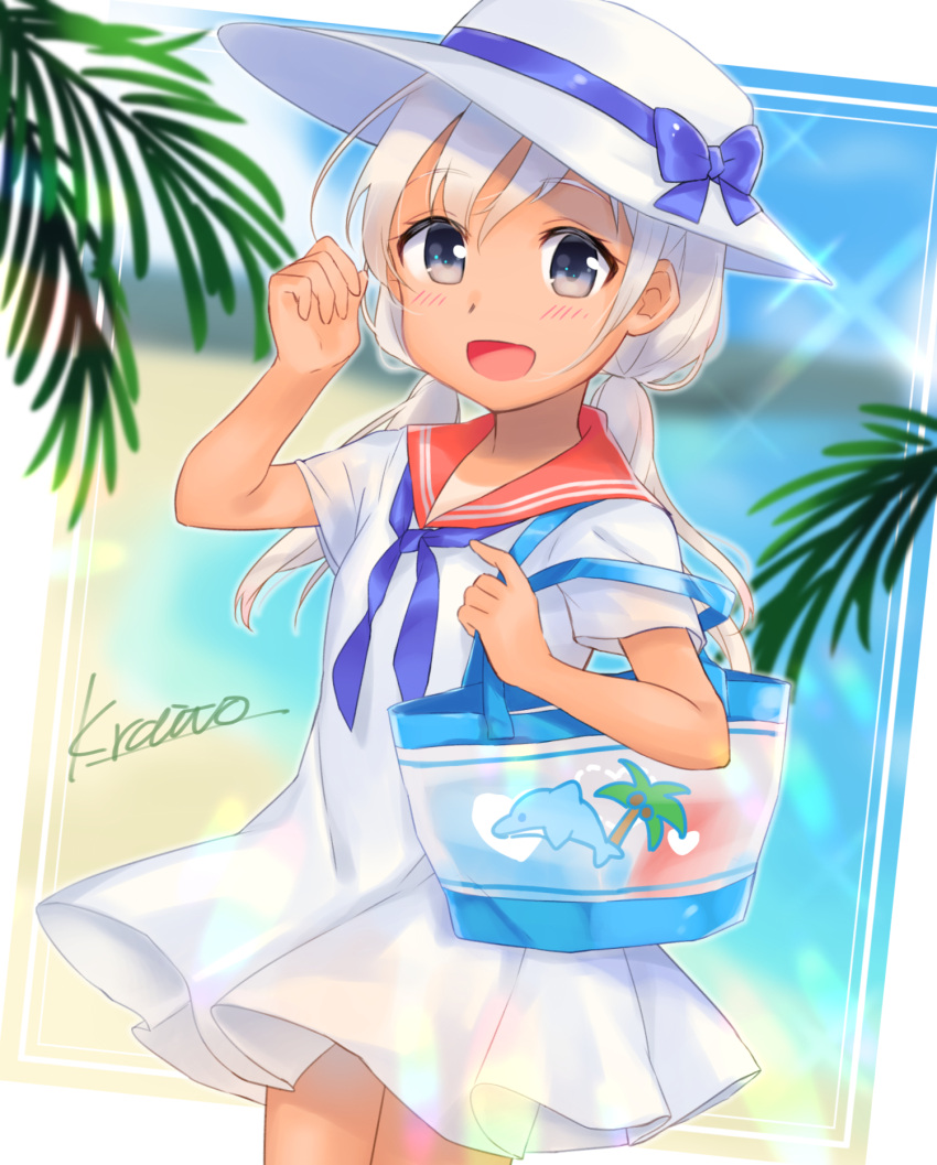 1girl ahoge alternate_costume alternate_hairstyle arm_up bag bangs beach blue_eyes blue_sky blush bow clouds coconut commentary_request day dolphin dress eyebrows_visible_through_hair hair_between_eyes hat heart highres kantai_collection kawagami_raito leaf long_hair looking_at_viewer low_twintails one-piece_tan open_mouth outdoors palm_tree ribbon ro-500_(kantai_collection) sand shoulder_bag sky smile solo tan tanline tree twintails white_dress white_hair white_hat