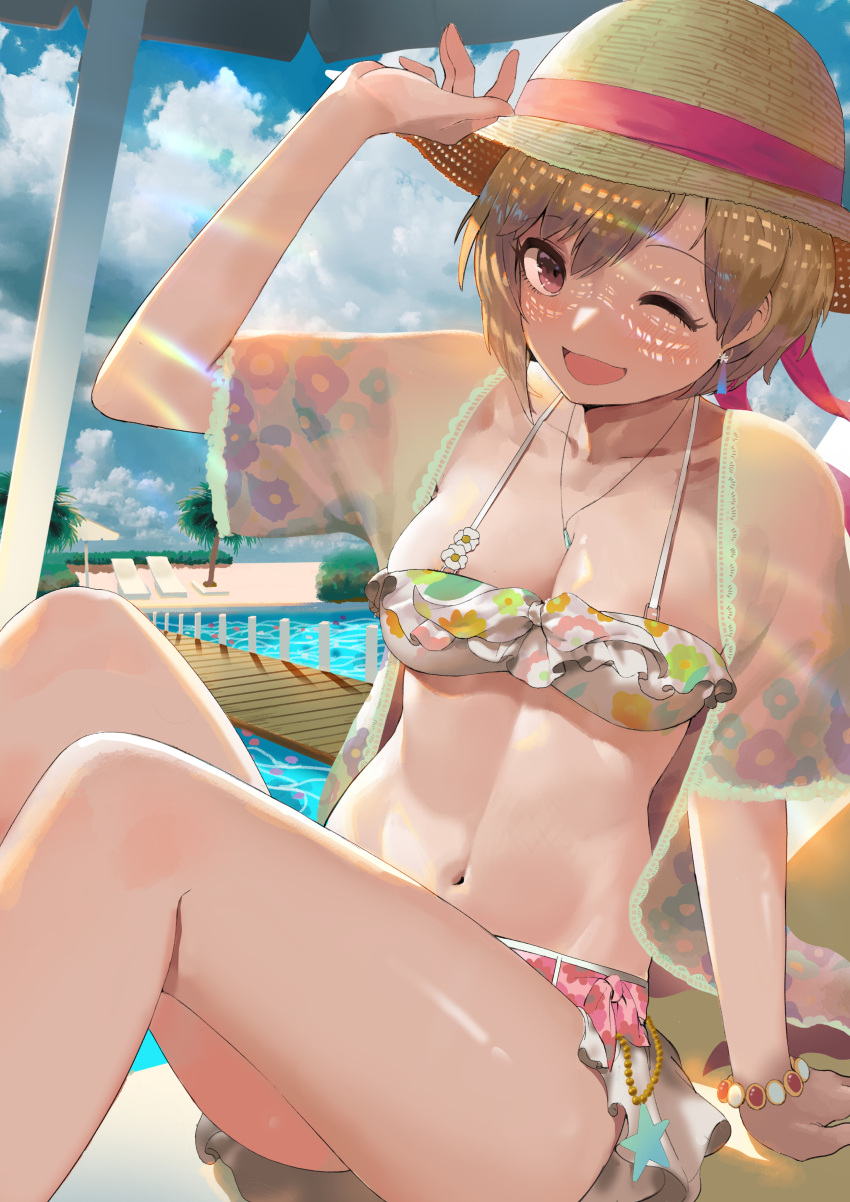 1girl :d absurdres adjusting_clothes adjusting_hat aiba_yumi arm_support bangs beach_chair beach_umbrella belt between_breasts bikini bikini_top blonde_hair blush bracelet breasts bridge brown_eyes bsue bush cherry_blossoms cleavage clouds cloudy_sky collarbone daisy day earrings eyebrows_visible_through_hair eyelashes floral_print flower frilled_bikini frills front-tie_bikini front-tie_top groin hat hat_ribbon highres idolmaster idolmaster_cinderella_girls idolmaster_cinderella_girls_starlight_stage jacket jewelry knees_up large_breasts looking_at_viewer midriff miniskirt navel one_eye_closed open_mouth outdoors palm_tree pendant petals petals_on_liquid pink_belt pink_ribbon pool poolside ribbon see-through shiny shiny_skin short_hair single_sidelock sitting skirt sky smile solo star sun_hat sunlight swept_bangs swimsuit thighs tree umbrella under_umbrella white_bikini_top white_skirt