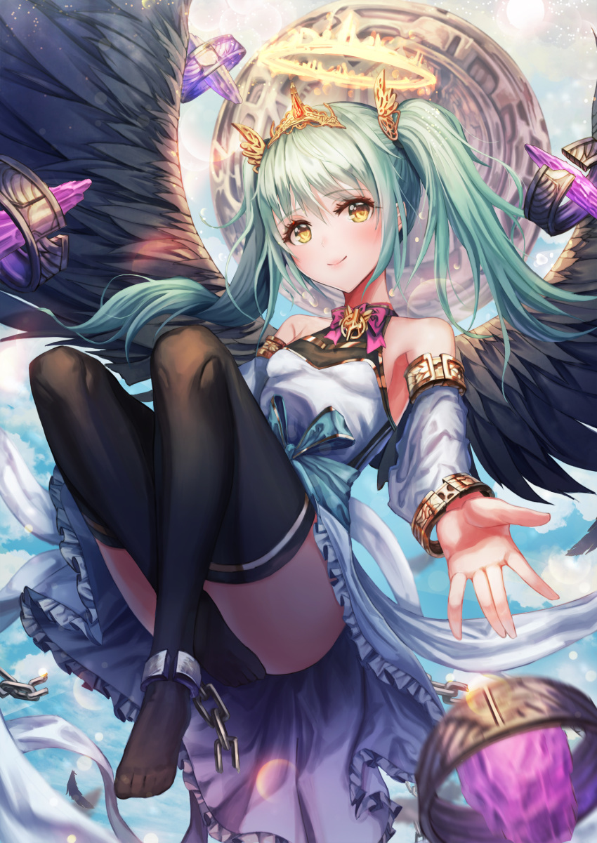 1girl absurdres angel angel_wings black_legwear black_wings blue_sky blush bracelet breasts broken broken_chain chain chains convenient_leg day detached_sleeves dress green_hair hair_ornament halo highres jewelry looking_at_viewer original outdoors sky small_breasts tiara tmtl_aos twintails white_dress wings yellow_eyes