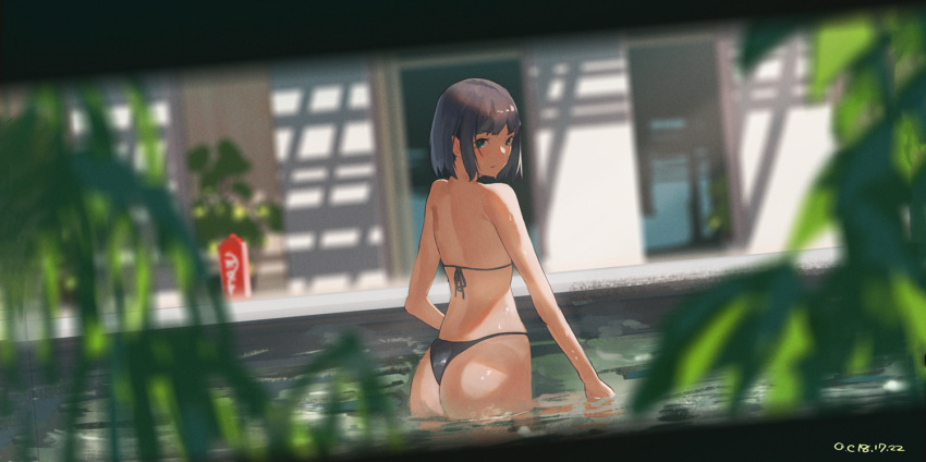 1girl ass back bare_arms bare_shoulders bikini black_bikini blurry_foreground dated dutch_angle grey_hair looking_at_viewer looking_back original outdoors reido_(reido_c) short_hair solo standing swimsuit wading wet