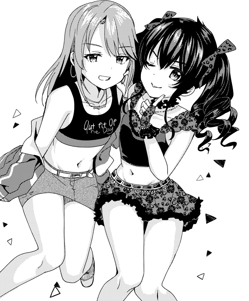 2girls ;p absurdres animal_print belt bow clothes_writing commentary_request drill_hair earrings english fingerless_gloves floral_print gloves greyscale hair_bow hand_on_own_cheek highres ichiren_namiro idolmaster idolmaster_cinderella_girls index_finger_raised jacket jewelry lace lace_gloves lace_skirt leopard_print matoba_risa midriff monochrome multiple_girls navel necklace one_eye_closed print_bow print_gloves print_skirt skirt tank_top tongue tongue_out track_jacket twintails yuuki_haru