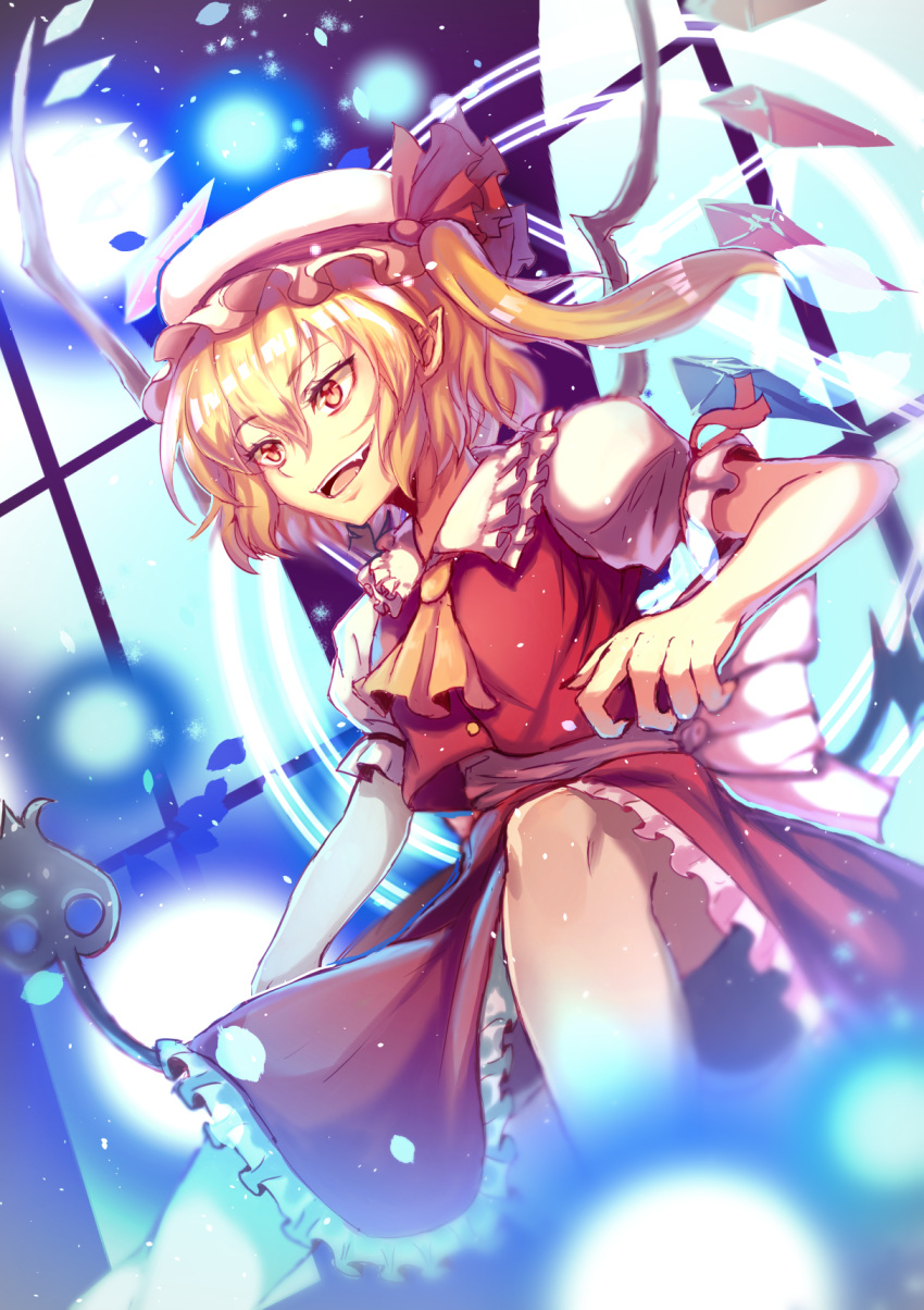 1girl ascot blonde_hair bow commentary danmaku energy_ball eyebrows_visible_through_hair fangs fingernails flandre_scarlet floating_hair frilled_shirt_collar frilled_skirt frills from_below hair_between_eyes hand_up hat hat_ribbon highres holding laevatein light_particles magic_circle meilynn-hayakan mob_cap open_mouth orange_eyes pointy_ears puffy_short_sleeves puffy_sleeves red_ribbon red_skirt red_vest ribbon sash shiny shiny_hair short_sleeves side_ponytail sidelocks skirt slit_pupils smile smug solo spell_card tongue touhou vest window wings yellow_neckwear