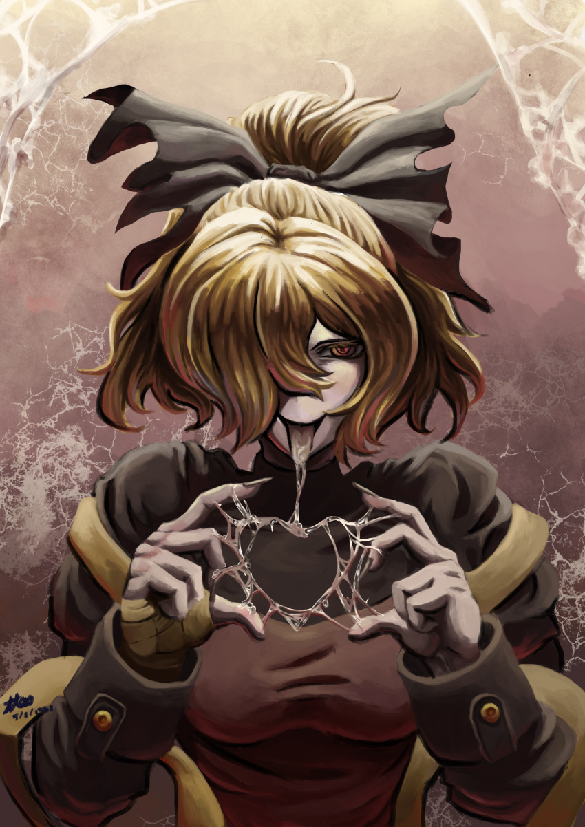 1girl absurdres black_ribbon blonde_hair dated drooling fingerless_gloves gloves hair_over_one_eye heart highres kurodani_yamame maohell painterly ribbon saliva silk smile spider_web touhou yellow_eyes